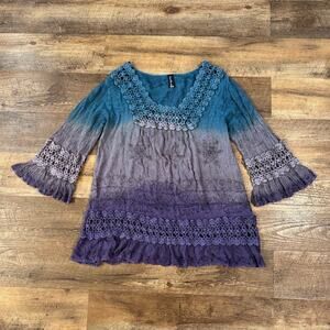 Sacred Threads Blouse S/M Teal Purple Ombre Boho Tunic Bell Sleeve Fairy Witchy